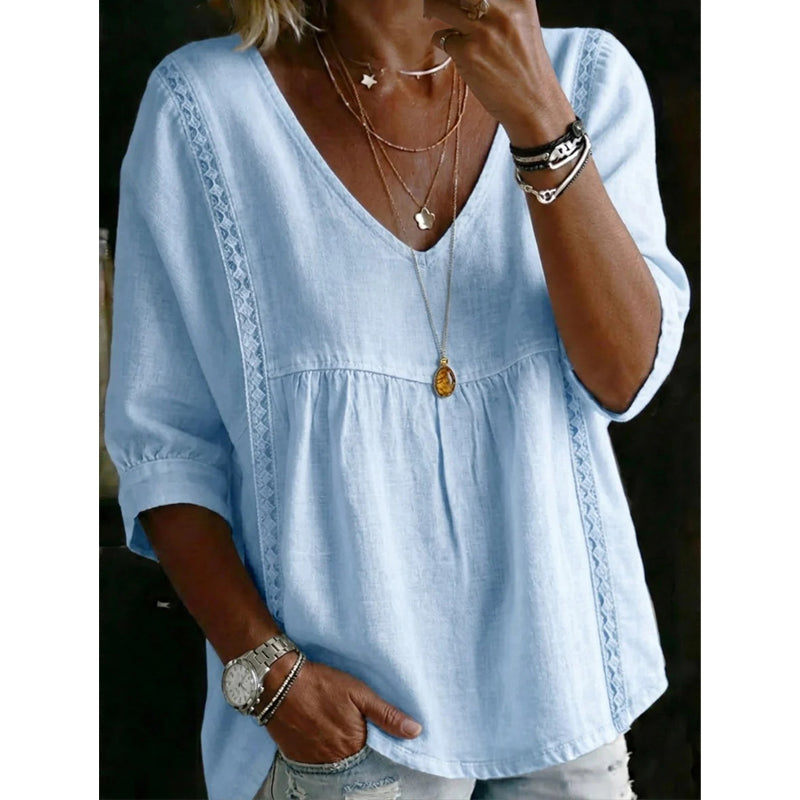 🌼 FLASH SALE 50% OFF! Women’s Casual V-Neck Lace Trim Top – Romantic Lace, Flowy Fit & 3/4 Sleeve Elegance 💕