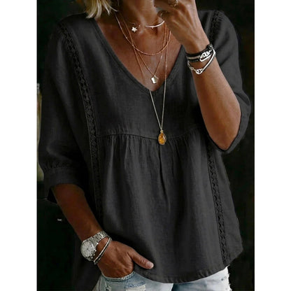 🌼 FLASH SALE 50% OFF! Women’s Casual V-Neck Lace Trim Top – Romantic Lace, Flowy Fit & 3/4 Sleeve Elegance 💕