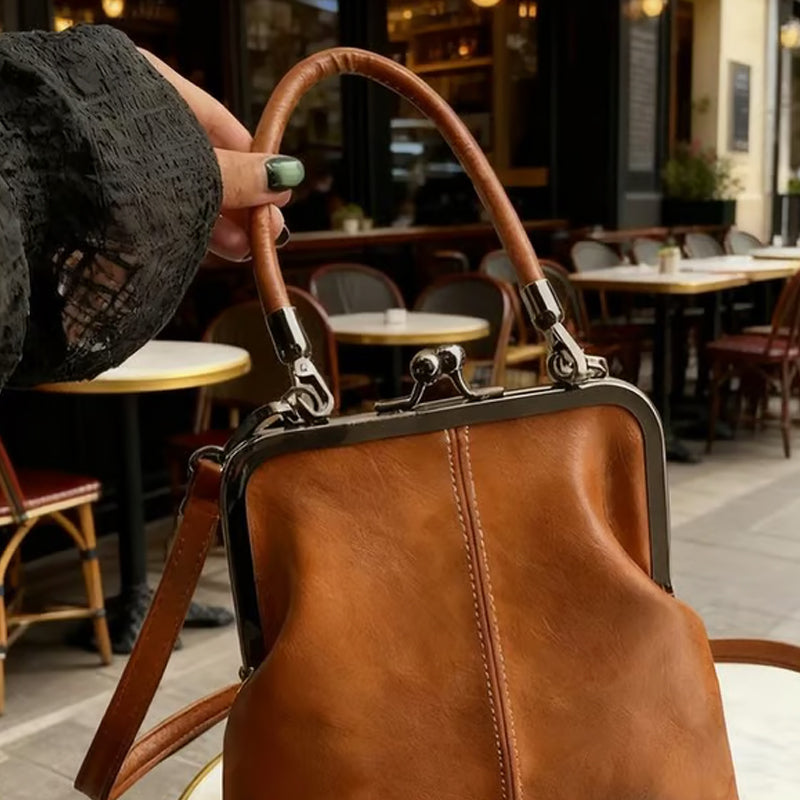 💋 Women's Kiss Lock Crossbody Bag with Top Handle – Vintage brass closure & structured shape – Removable strap, perfect for daily outings or dinner dates 👜 ✨