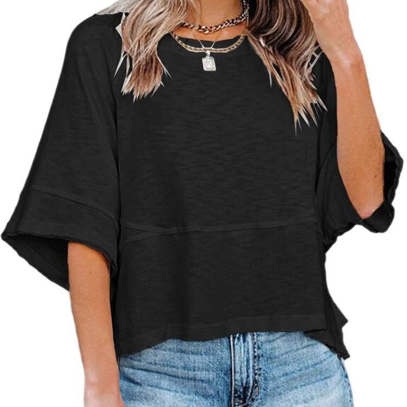 ☀️2026 HOT SALE 50% OFF💃🌸  Women's Solid Color Splicing Loose Five Points Flare Sleeve T-Shirt