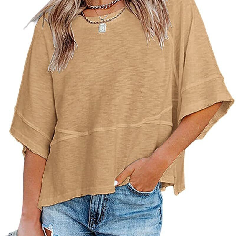 ☀️2026 HOT SALE 50% OFF💃🌸  Women's Solid Color Splicing Loose Five Points Flare Sleeve T-Shirt
