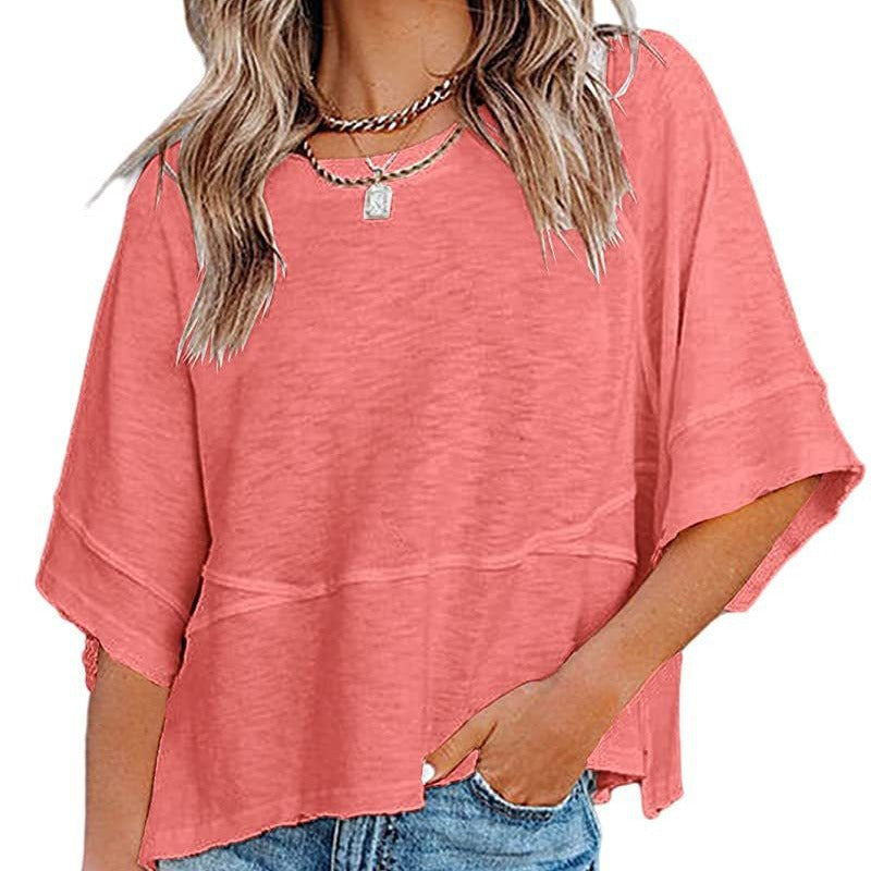 ☀️2026 HOT SALE 50% OFF💃🌸  Women's Solid Color Splicing Loose Five Points Flare Sleeve T-Shirt