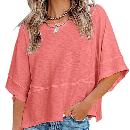 ☀️2026 HOT SALE 50% OFF💃🌸  Women's Solid Color Splicing Loose Five Points Flare Sleeve T-Shirt