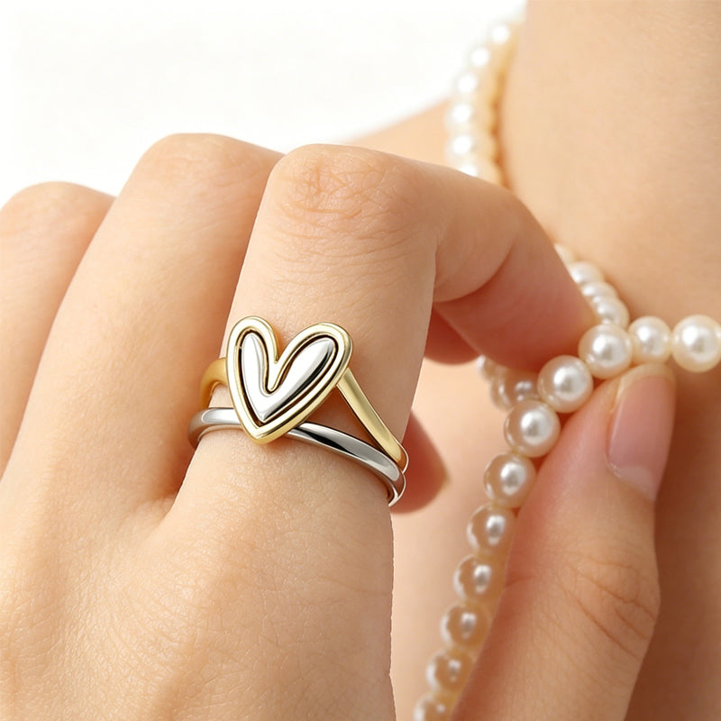 💍 Two-Tone Layered Heart Ring – Gold & Silver Finish, Puffy Heart Design & Stacked Band Style