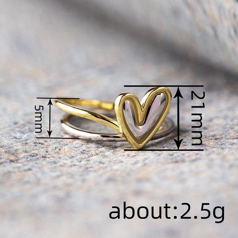 💍 Two-Tone Layered Heart Ring – Gold & Silver Finish, Puffy Heart Design & Stacked Band Style
