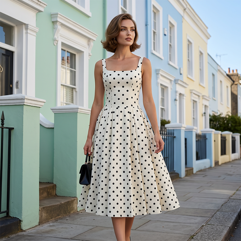 🔥 58% OFF 👗 Retro Polka Dot A-Line Dress – Elegant Square Neck, Flattering A-Line Silhouette & Lightweight Feel ✨