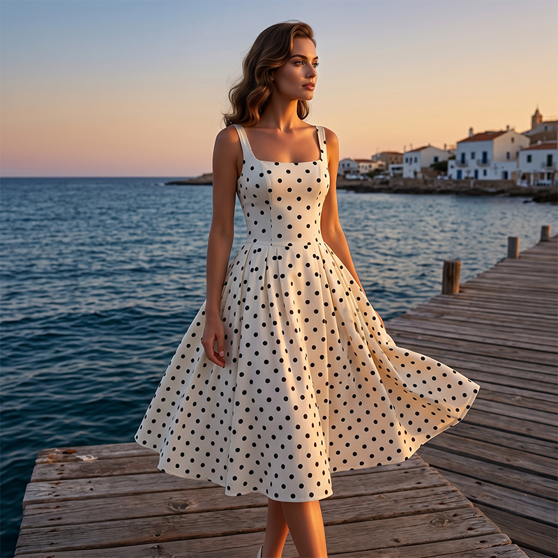 🔥 58% OFF 👗 Retro Polka Dot A-Line Dress – Elegant Square Neck, Flattering A-Line Silhouette & Lightweight Feel ✨