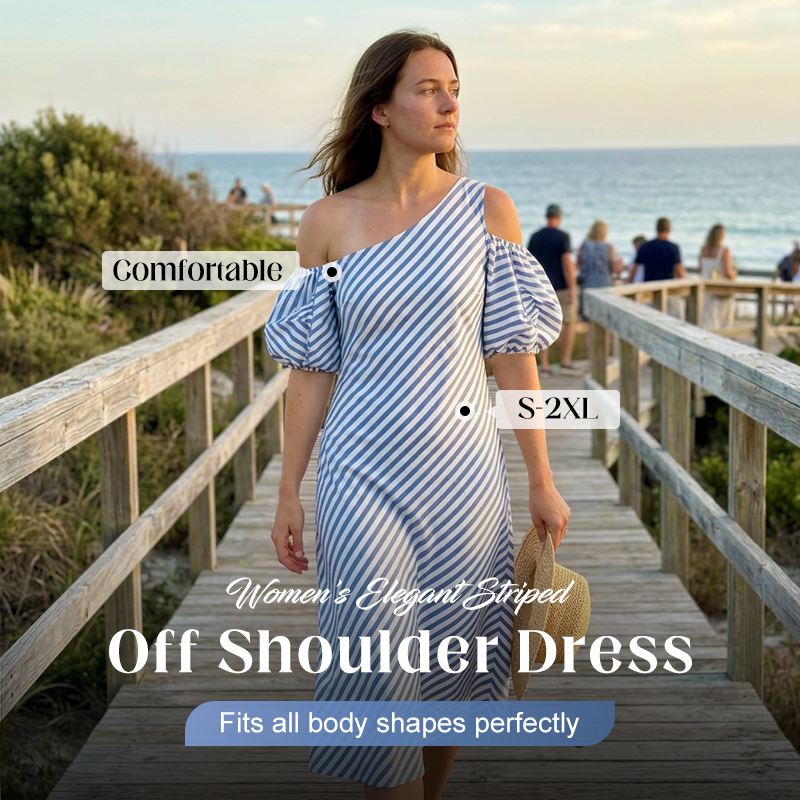 Women’s Elegant Striped Off-Shoulder Dress 🍁– Flattering Fit, Timeless Stripes & Effortless Summer Style ✨
