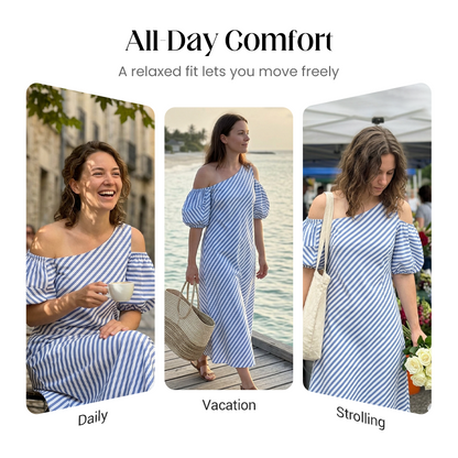 Women’s Elegant Striped Off-Shoulder Dress 🍁– Flattering Fit, Timeless Stripes & Effortless Summer Style ✨
