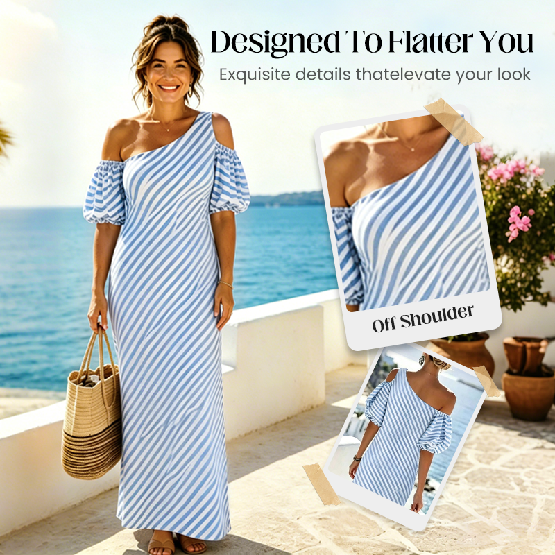 Women’s Elegant Striped Off-Shoulder Dress 🍁– Flattering Fit, Timeless Stripes & Effortless Summer Style ✨
