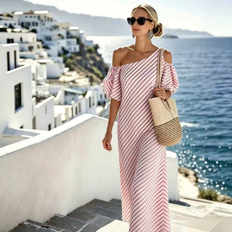 Women’s Elegant Striped Off-Shoulder Dress 🍁– Flattering Fit, Timeless Stripes & Effortless Summer Style ✨