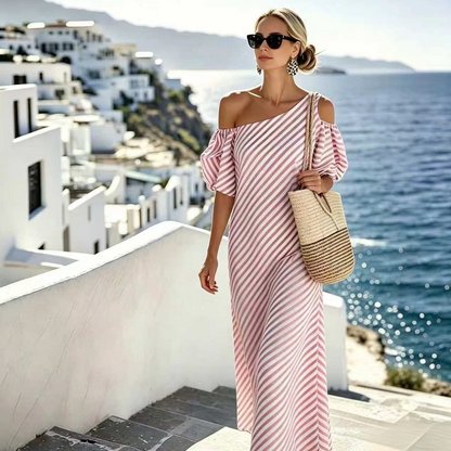Women’s Elegant Striped Off-Shoulder Dress 🍁– Flattering Fit, Timeless Stripes & Effortless Summer Style ✨