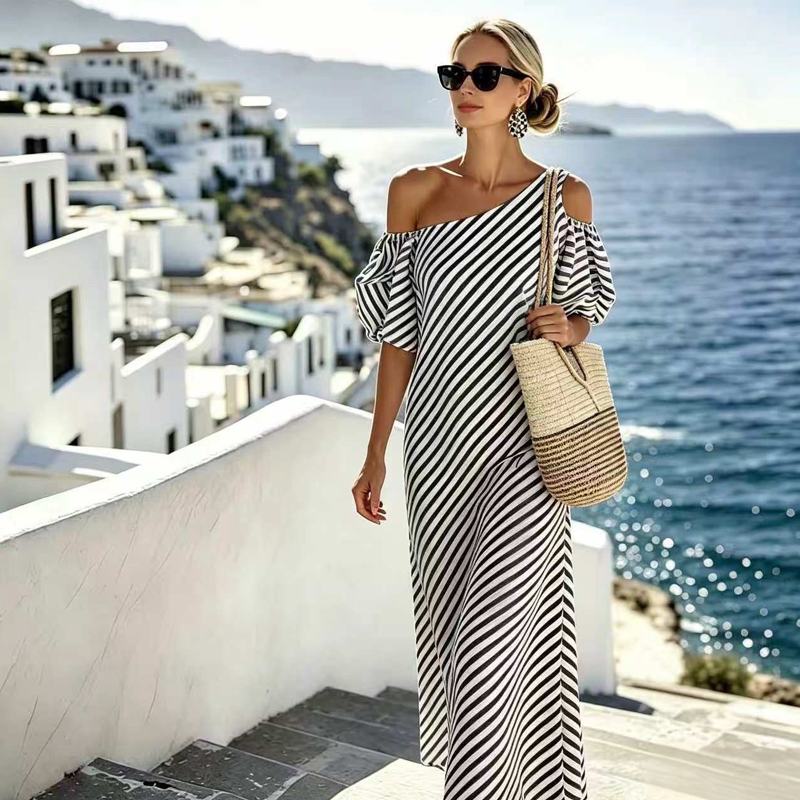 Women’s Elegant Striped Off-Shoulder Dress 🍁– Flattering Fit, Timeless Stripes & Effortless Summer Style ✨