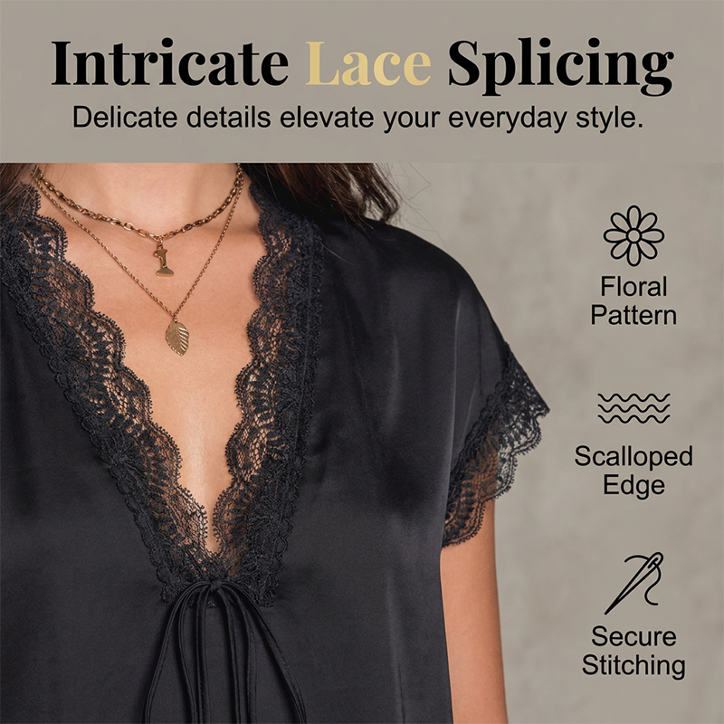 🎁2026 New Arrivals 50% OFF💥Elegant Lace V-Neck Top for Women | Intricate Splicing & Short Sleeve Blouse | Relaxed Fit Day to Night Casual Wear🌸