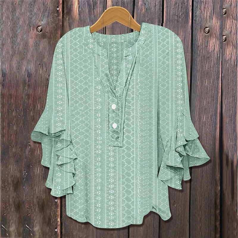 Elegante blouse met V-hals en gerimpelde mouwe