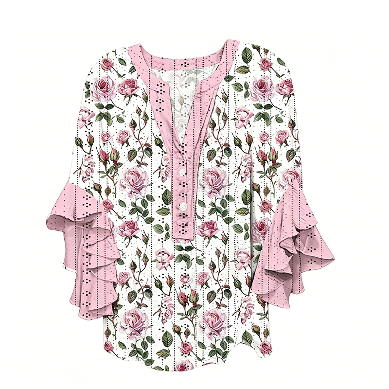 Elegante blouse met V-hals en gerimpelde mouwe