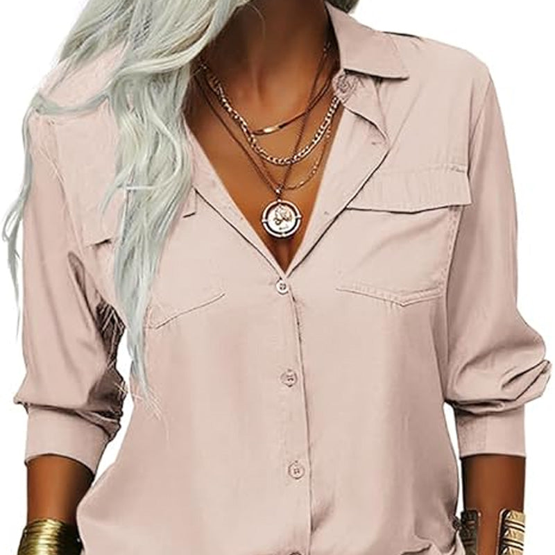📢📢50% OFF !! ⏰Women's Solid Lapel Long Sleeves Button-Down Shirt