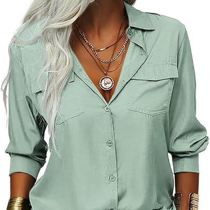 📢📢50% OFF !! ⏰Women's Solid Lapel Long Sleeves Button-Down Shirt