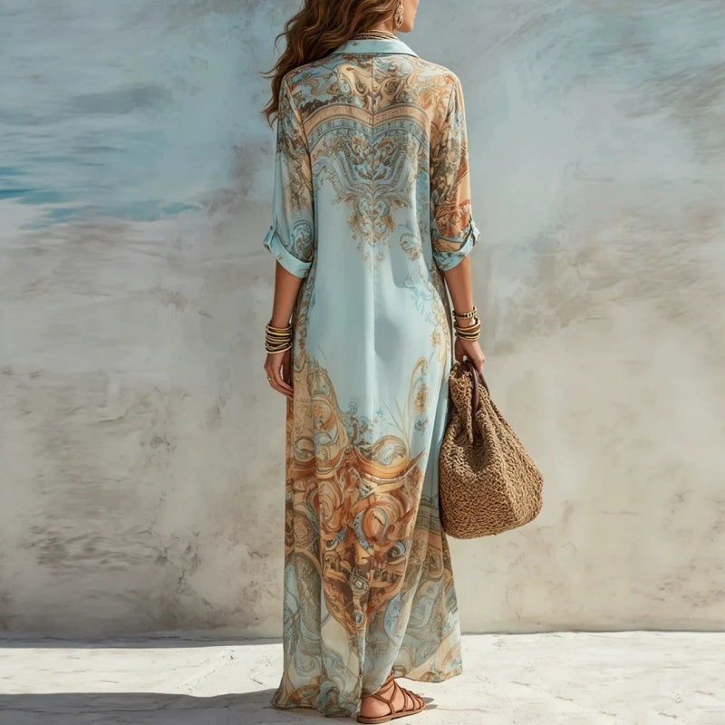 🎁New Arrival 60% OFF💥Elegant Retro Print Maxi Dress | Boho V-Neck Button-Down Flowy Gown | Breathable Summer Beach Holiday Dress