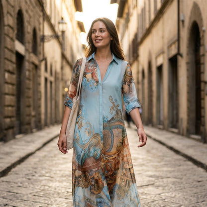 🎁New Arrival 60% OFF💥Elegant Retro Print Maxi Dress | Boho V-Neck Button-Down Flowy Gown | Breathable Summer Beach Holiday Dress