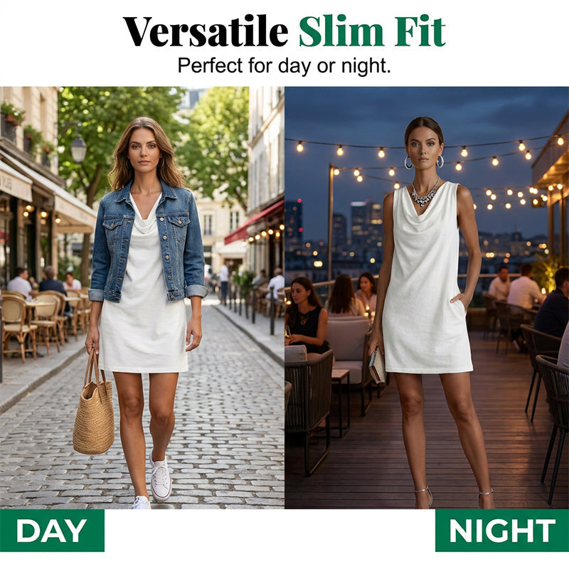 🏆LAST DAY SALE 50% OFF🔥⏰ Elegant Slim Fit Cowl Neck Dress – Sleeveless, Side Pockets, Versatile ✨