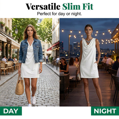 🏆LAST DAY SALE 50% OFF🔥⏰ Elegant Slim Fit Cowl Neck Dress – Sleeveless, Side Pockets, Versatile ✨