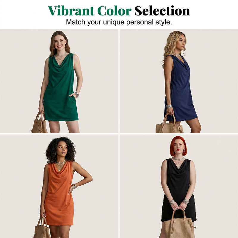 🏆LAST DAY SALE 50% OFF🔥⏰ Elegant Slim Fit Cowl Neck Dress – Sleeveless, Side Pockets, Versatile ✨