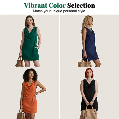🏆LAST DAY SALE 50% OFF🔥⏰ Elegant Slim Fit Cowl Neck Dress – Sleeveless, Side Pockets, Versatile ✨