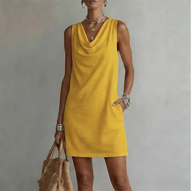 🏆LAST DAY SALE 50% OFF🔥⏰ Elegant Slim Fit Cowl Neck Dress – Sleeveless, Side Pockets, Versatile ✨