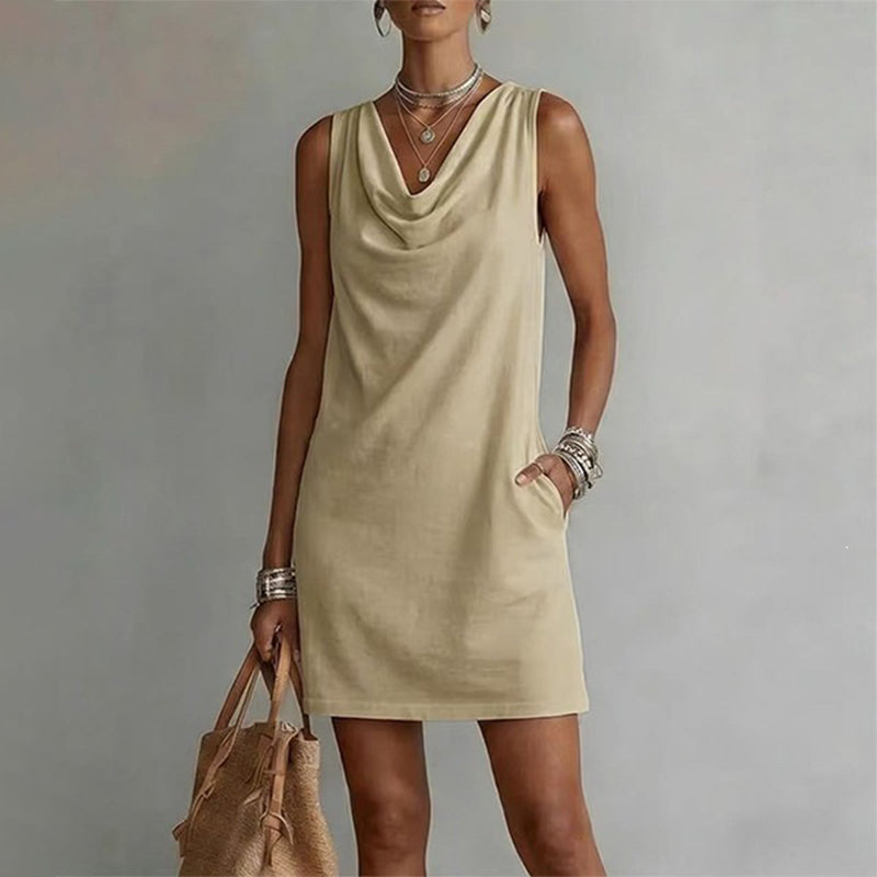 🏆LAST DAY SALE 50% OFF🔥⏰ Elegant Slim Fit Cowl Neck Dress – Sleeveless, Side Pockets, Versatile ✨
