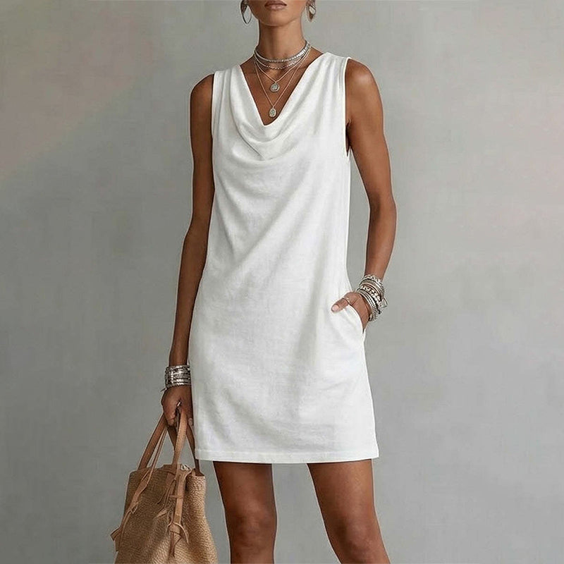 🏆LAST DAY SALE 50% OFF🔥⏰ Elegant Slim Fit Cowl Neck Dress – Sleeveless, Side Pockets, Versatile ✨