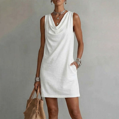 🏆LAST DAY SALE 50% OFF🔥⏰ Elegant Slim Fit Cowl Neck Dress – Sleeveless, Side Pockets, Versatile ✨