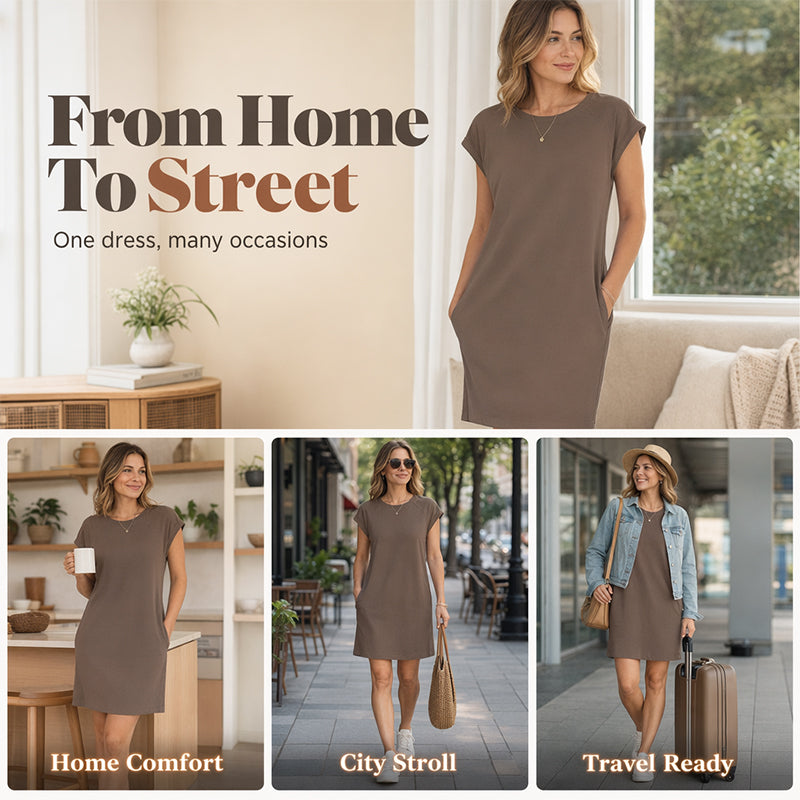 👗 LIMITED-TIME 50% OFF! ✨ Women's Crew Neck Solid Color Dress – Cotton Blend, Cap Sleeves, Relaxed Fit 🌸