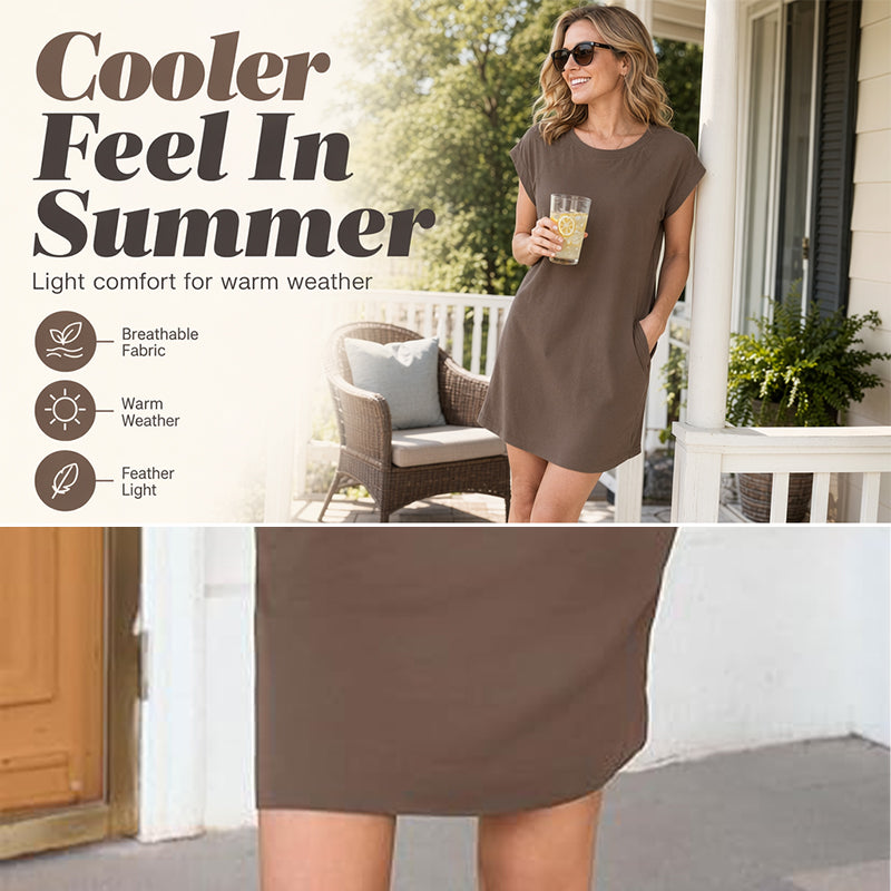 👗 LIMITED-TIME 50% OFF! ✨ Women's Crew Neck Solid Color Dress – Cotton Blend, Cap Sleeves, Relaxed Fit 🌸