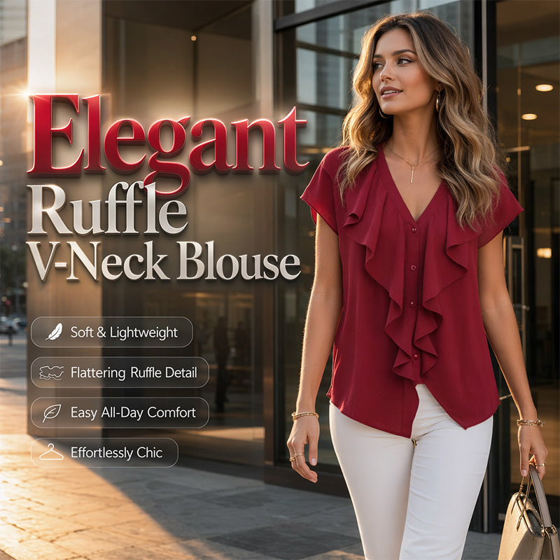 🔥New Arrivals 50% off！ 👕Best Sellers-Elegant Ruffle V-Neck Blouse