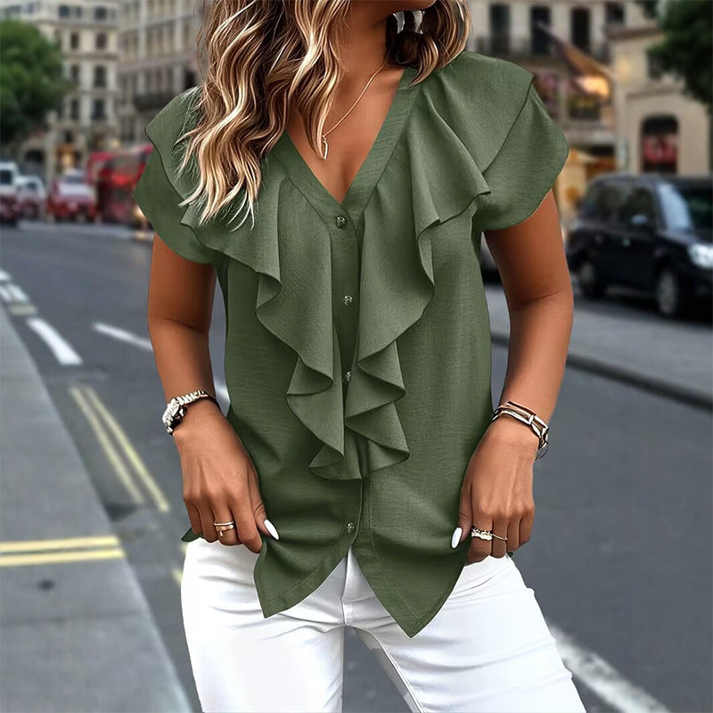 🔥New Arrivals 50% off！ 👕Best Sellers-Elegant Ruffle V-Neck Blouse