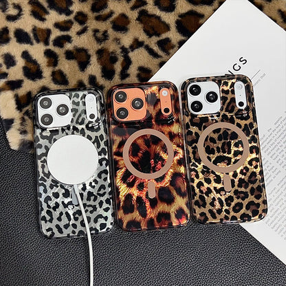 Magnetic Leopard Print Phone Case for iPhone 13 to 17 Series, Shockproof TPU PC Cover with Wireless Charging Support and Non Slip Grip 🐆📱✨
