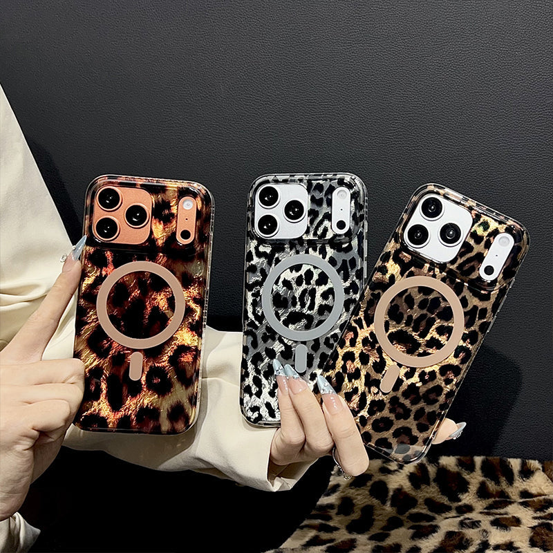 Magnetic Leopard Print Phone Case for iPhone 13 to 17 Series, Shockproof TPU PC Cover with Wireless Charging Support and Non Slip Grip 🐆📱✨
