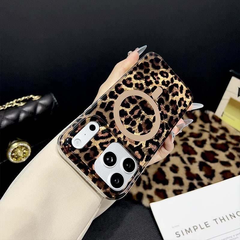 Magnetic Leopard Print Phone Case for iPhone 13 to 17 Series, Shockproof TPU PC Cover with Wireless Charging Support and Non Slip Grip 🐆📱✨