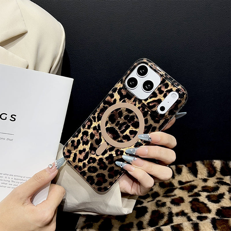 Magnetic Leopard Print Phone Case for iPhone 13 to 17 Series, Shockproof TPU PC Cover with Wireless Charging Support and Non Slip Grip 🐆📱✨