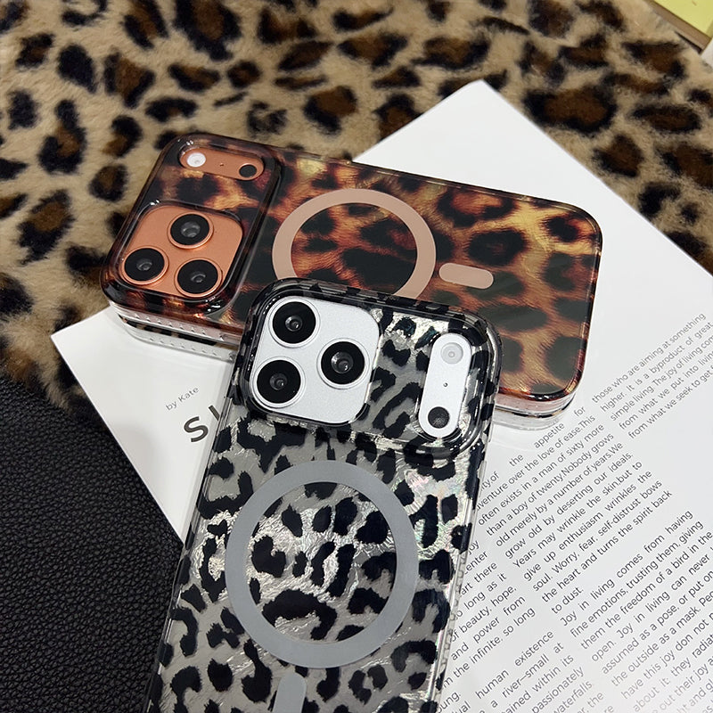 Magnetic Leopard Print Phone Case for iPhone 13 to 17 Series, Shockproof TPU PC Cover with Wireless Charging Support and Non Slip Grip 🐆📱✨