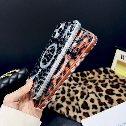 Magnetic Leopard Print Phone Case for iPhone 13 to 17 Series, Shockproof TPU PC Cover with Wireless Charging Support and Non Slip Grip 🐆📱✨
