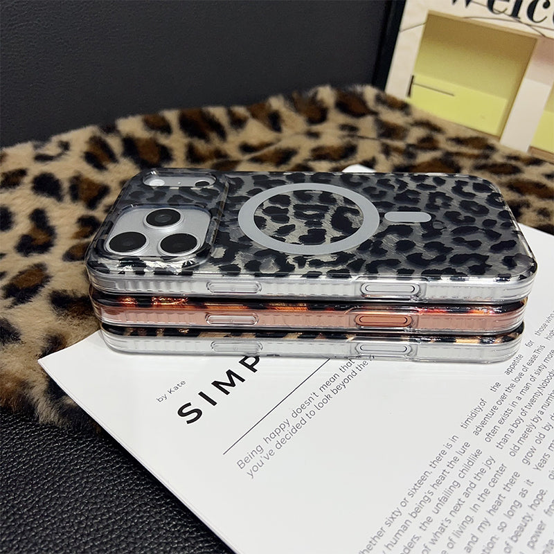Magnetic Leopard Print Phone Case for iPhone 13 to 17 Series, Shockproof TPU PC Cover with Wireless Charging Support and Non Slip Grip 🐆📱✨