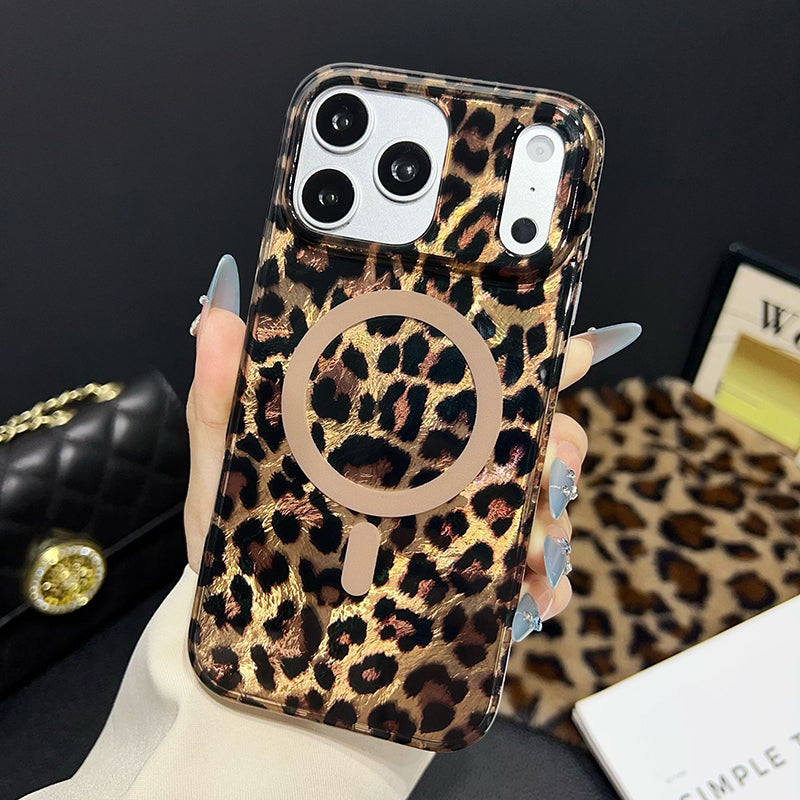 Magnetic Leopard Print Phone Case for iPhone 13 to 17 Series, Shockproof TPU PC Cover with Wireless Charging Support and Non Slip Grip 🐆📱✨