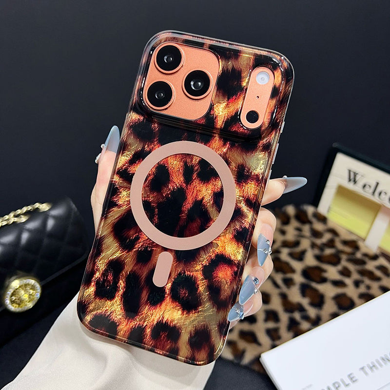 Magnetic Leopard Print Phone Case for iPhone 13 to 17 Series, Shockproof TPU PC Cover with Wireless Charging Support and Non Slip Grip 🐆📱✨