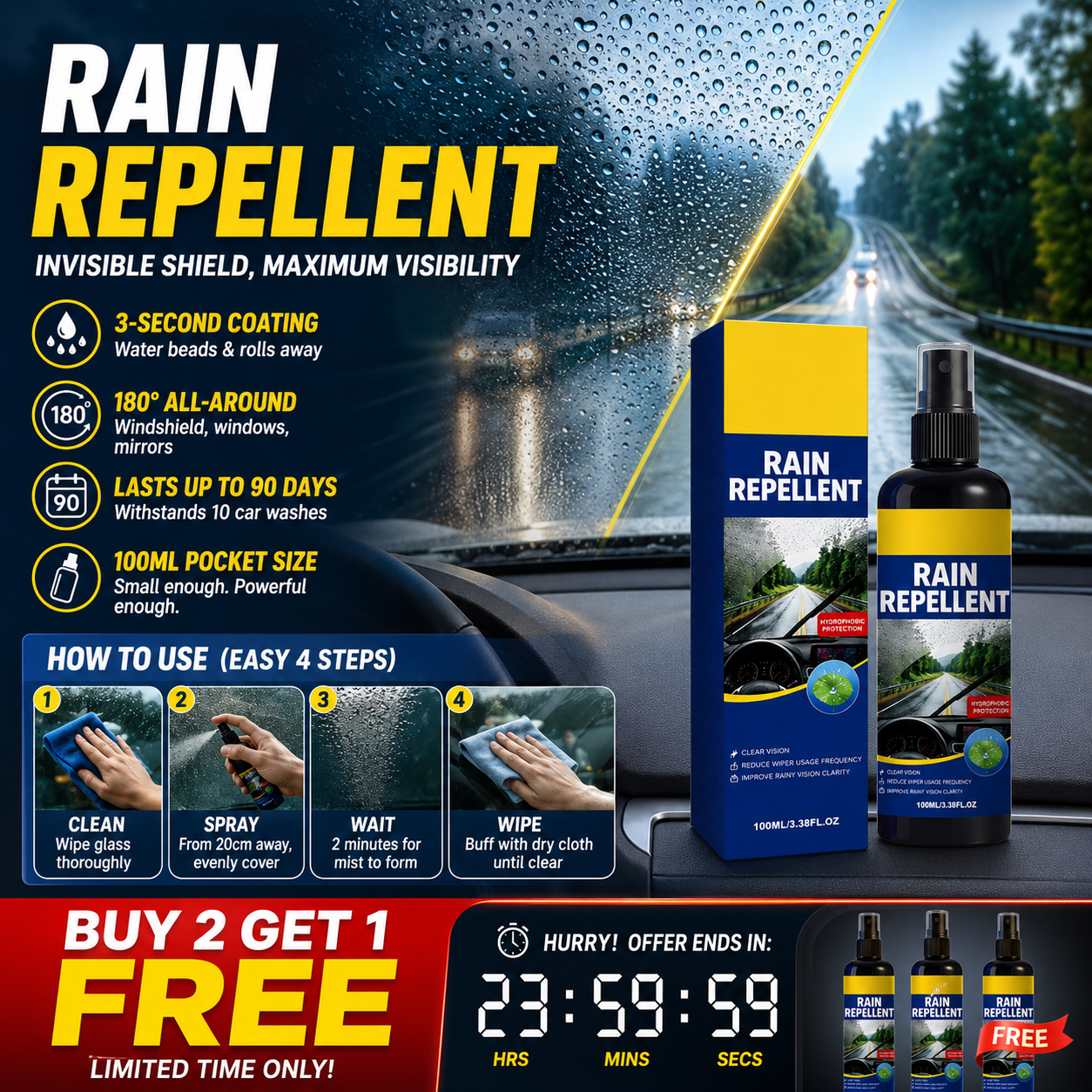 🚗Kristalheldere regenafstotende spray voor de voorruit