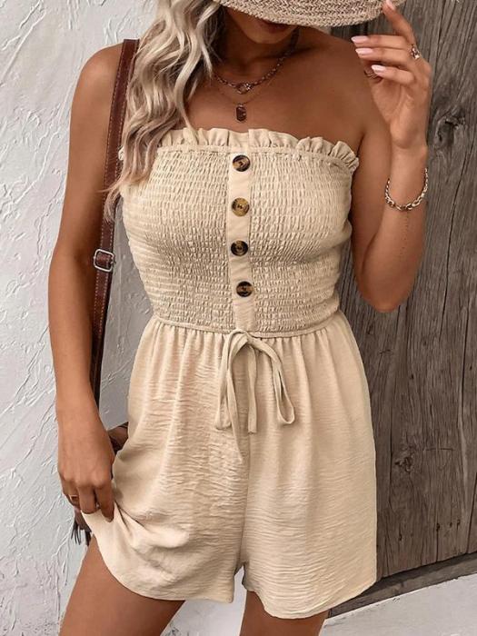 💜 LAST DAY PROMOTION - 50%OFF 💜 Women's Strapless Frill Trim Shirred Tie Front Wide Leg Tube Romper